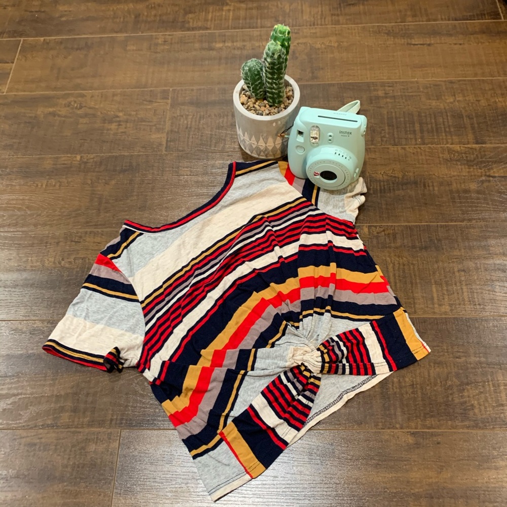 striped red, gray,  and navy blue crop top